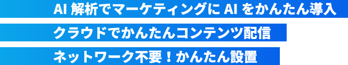 AIサイネージ。AI解析でマーケティングにAIをかんたん導入,クラウドでかんたんコンテンツ配信,ネットワーク不要！かんたん設置